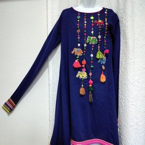 Rang Ja Women Dress Size S dark blue Long Sleeve Asymmetric Embroidered *002